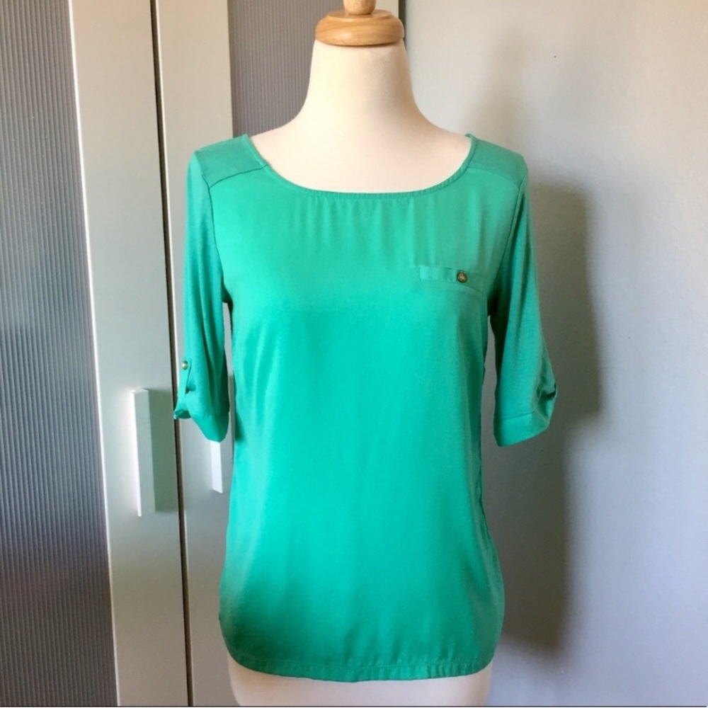 The Limited Turquoise Teal Mixed Material Blouse